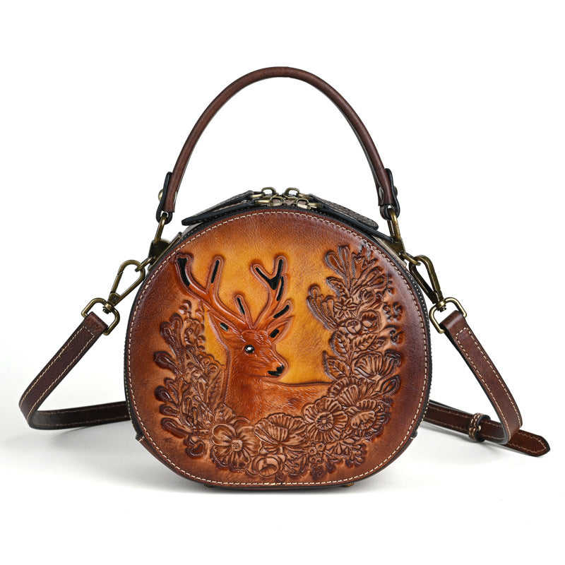 Women's National Style Round First Layer Leather Crossbody Bags
