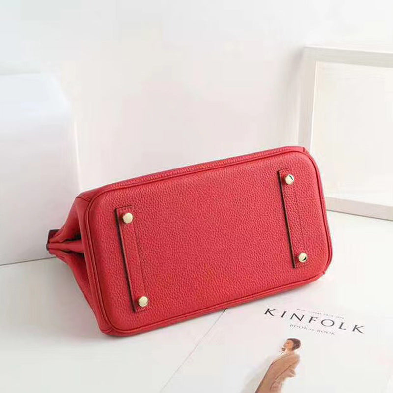 Women's Lychee Pattern Kelly Genuine Leather First Handbags
