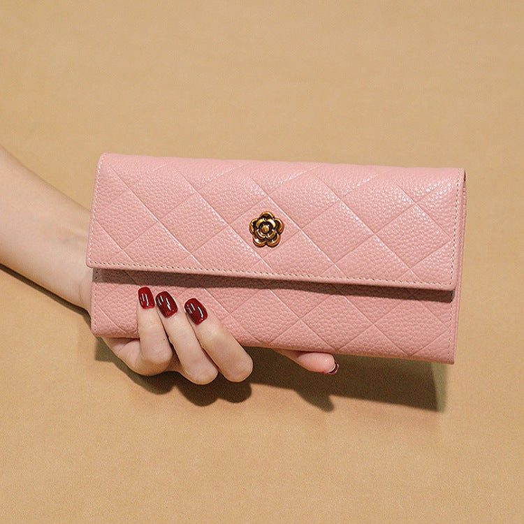 Women's First Layer Cowhide Clutch Long Camellia Ladies Wallets