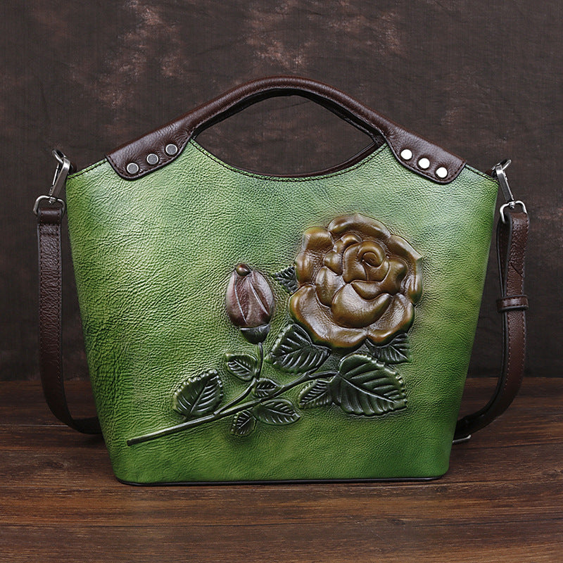 Women's First Layer Cowhide Large Capacity Rose Crossbody Bags