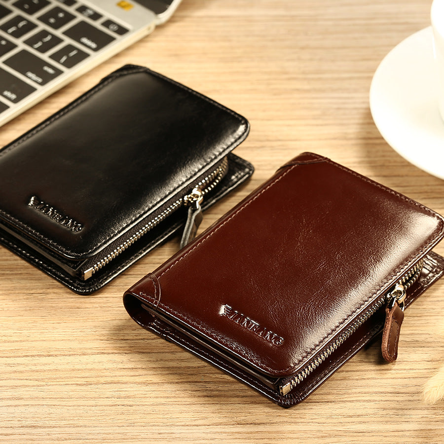 Men's Cowhide Pocket Zipper Multiple Slots Short Men's Wallets
