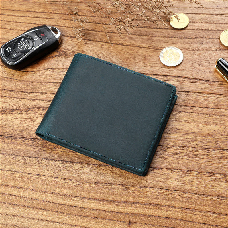 Men's Layer Cowhide Short Green Leather Driving License For Men's Wallets
