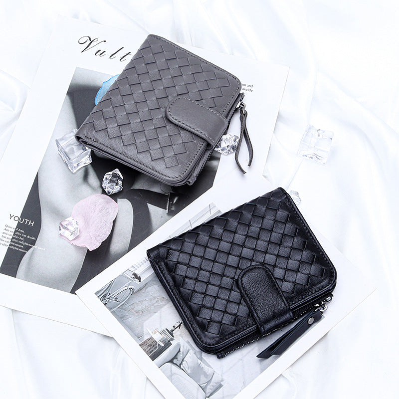 Women's Short Sheepskin Woven Classic Half Fold Ladies Wallets