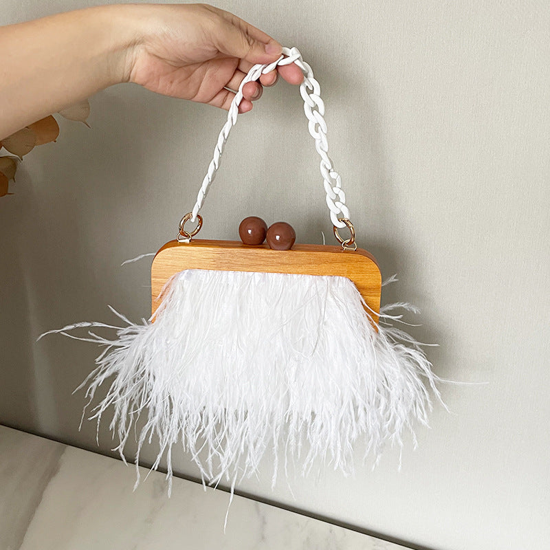 Women's Niche Acrylic Chain Furry Dinner Fluffy Underarm Ostrich Feather Bags