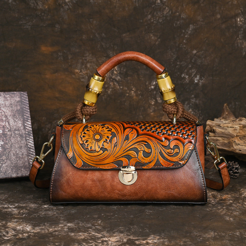 Women's Retro National Style Material Leather Carving Handbags