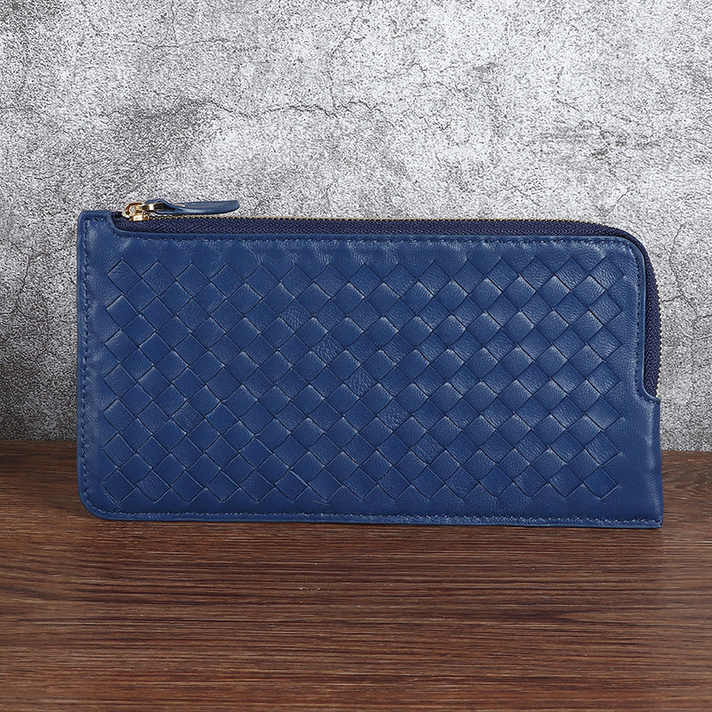 Women's Genuine Leather Long Handmade Sheepskin Woven Thin Ladies Wallets
