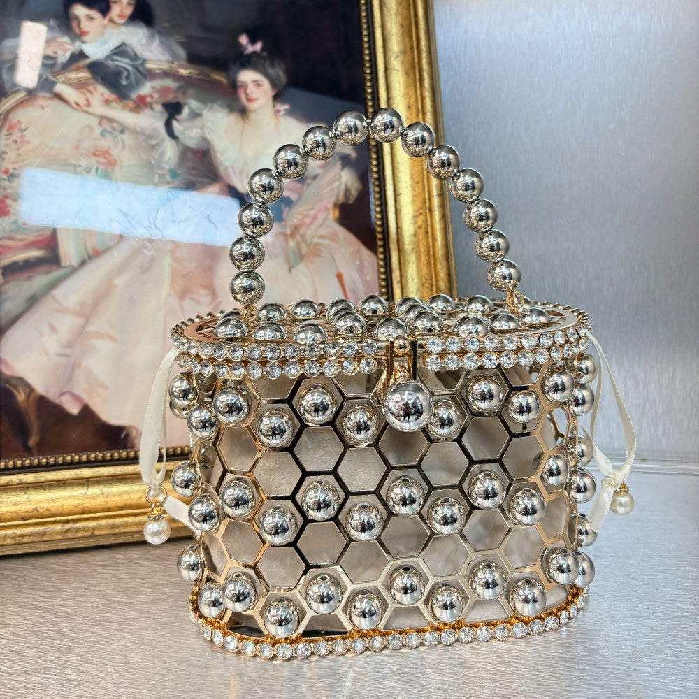 Women's Basket Dinner Shiny Rhinestone Pearl Shoulder Bags