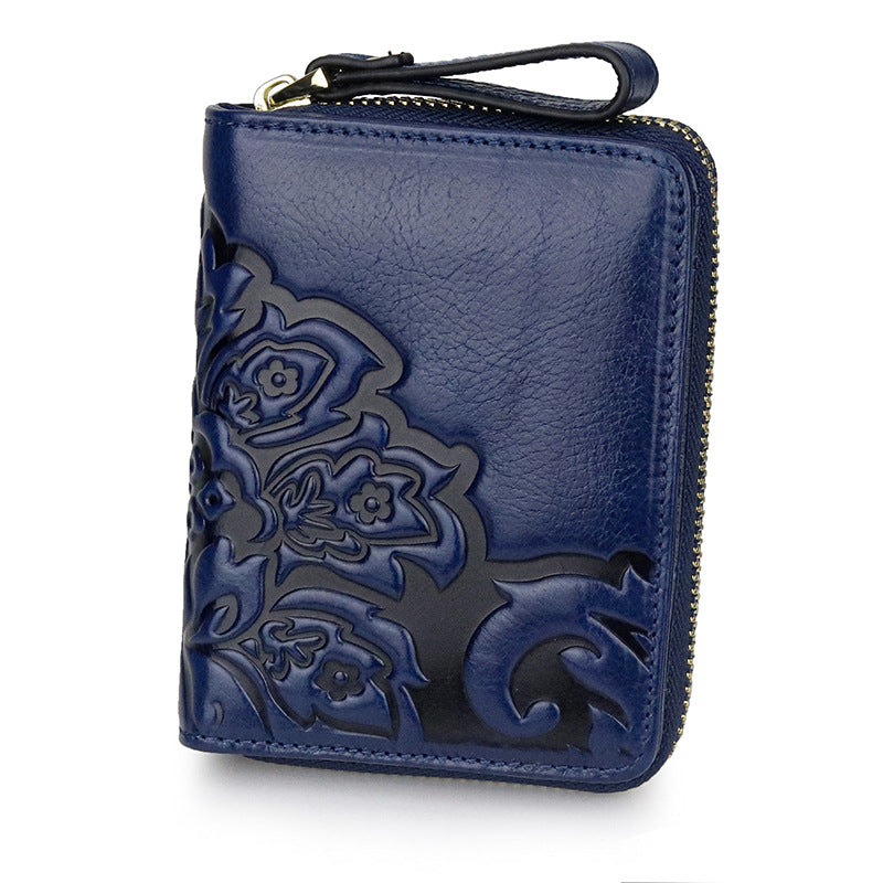 Women's One-piece Embossed First Layer Oil Wax Cowhide Short Ladies Wallets