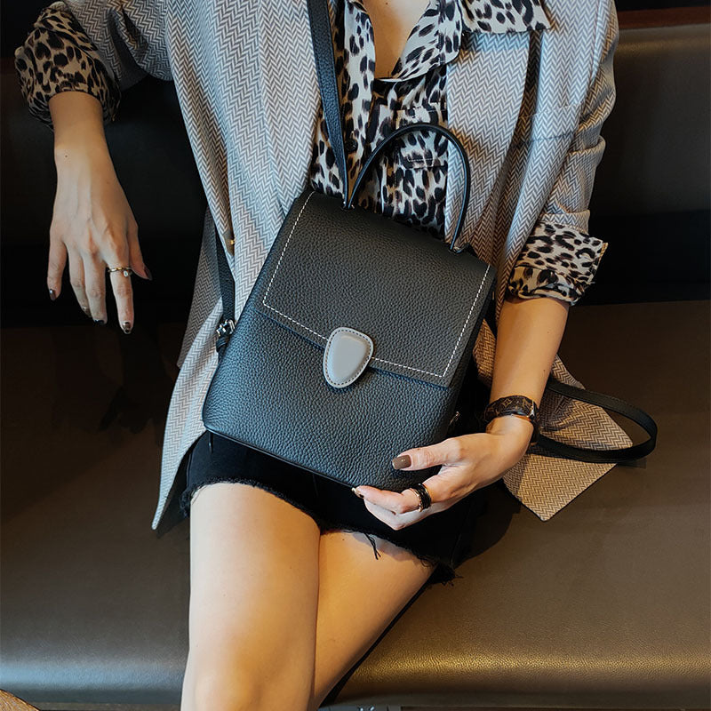 Women's Line Fashion Cowhide Texture Soft Leather Backpacks