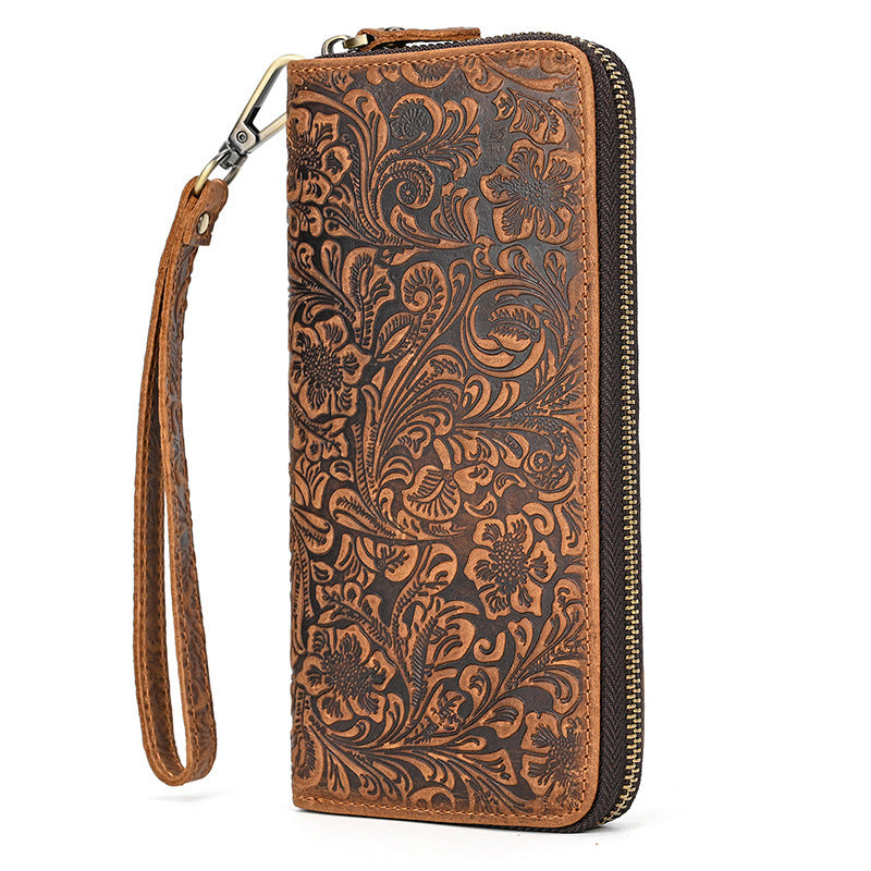 Horse Leather Long Retro Embossing Zipper With Hand Men's Wallets
