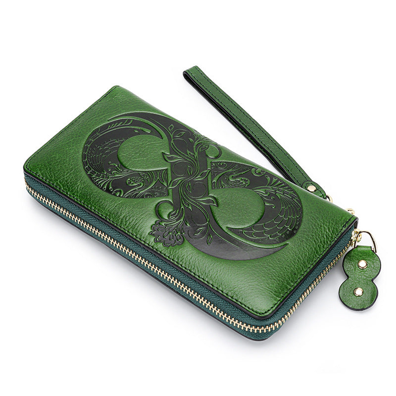 Women's Wax First Layer Cowhide Zipper Large Ladies Wallets