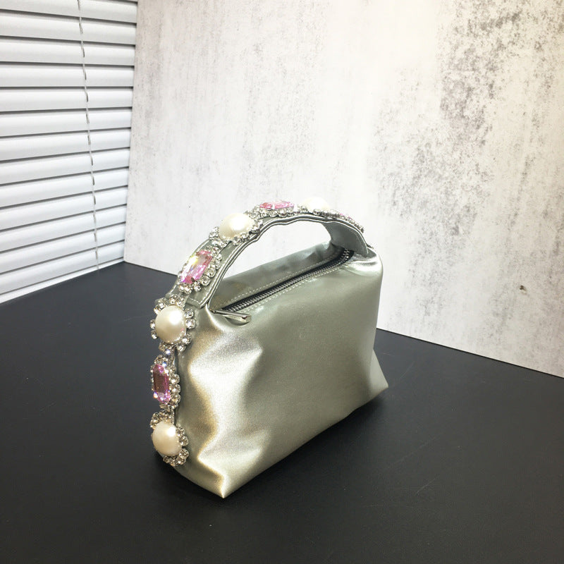 Women's Rhinestone Pearl Pillow Dinner Silk Lunch Handbags