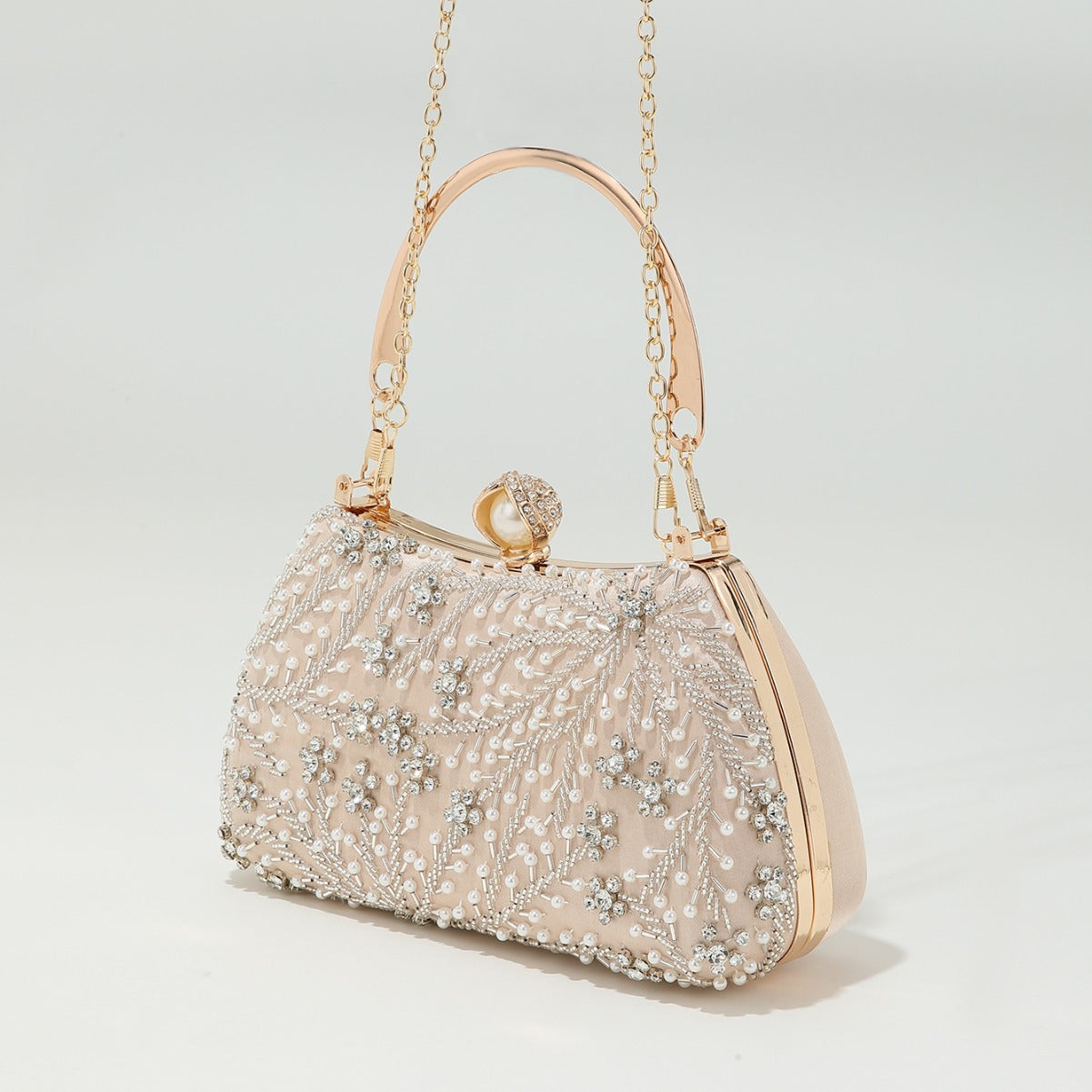 Retro Handmade Pearl Embroidery Stringed Pearls Rhinestone Portable Wedding Evening Bags