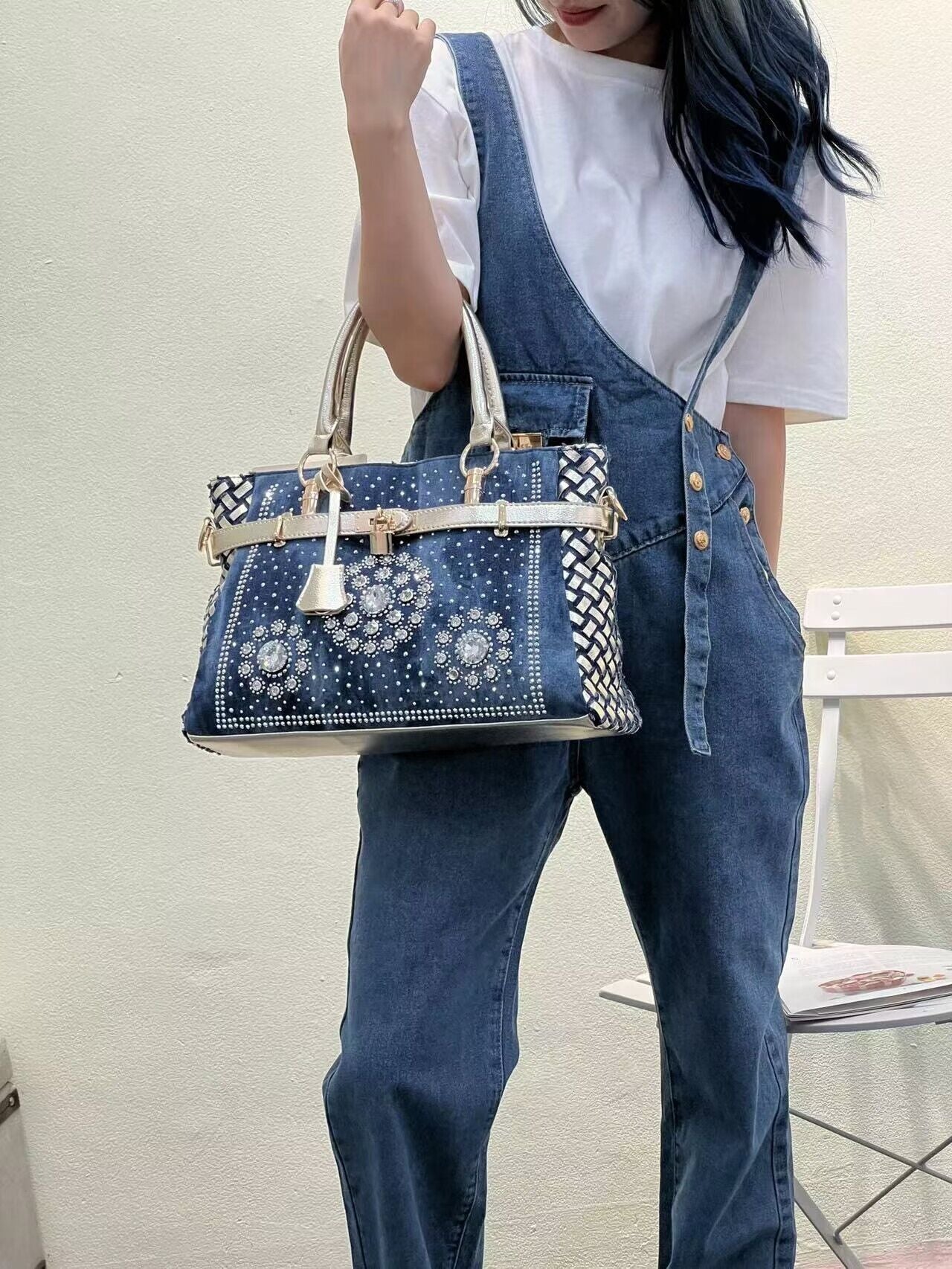 Women's Jean Diamond Woven Rivet Portable Trendy Fashion Handbags