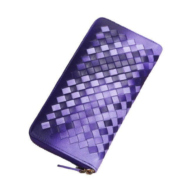 Women's Woven Long Gradient Zipper Genuine Leather Ladies Wallets