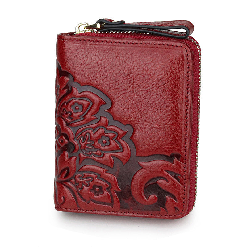 Women's One-piece Embossed First Layer Oil Wax Cowhide Short Ladies Wallets