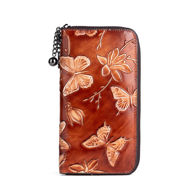 Women's First Layer Cowhide Chinese Style Embossing Ladies Wallets