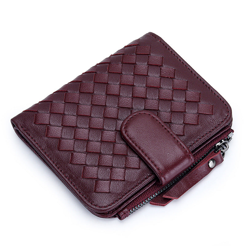 Women's Short Sheepskin Woven Classic Half Fold Ladies Wallets