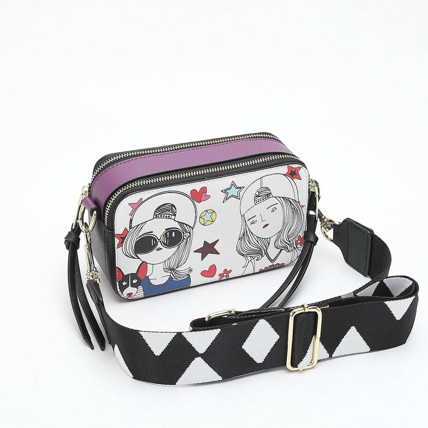 Women's Wide Strap Mark Double Zipper Classic Bags