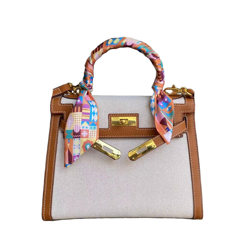 Women's Elegant Canvas With Contrast Color Leather Shoulder Bags