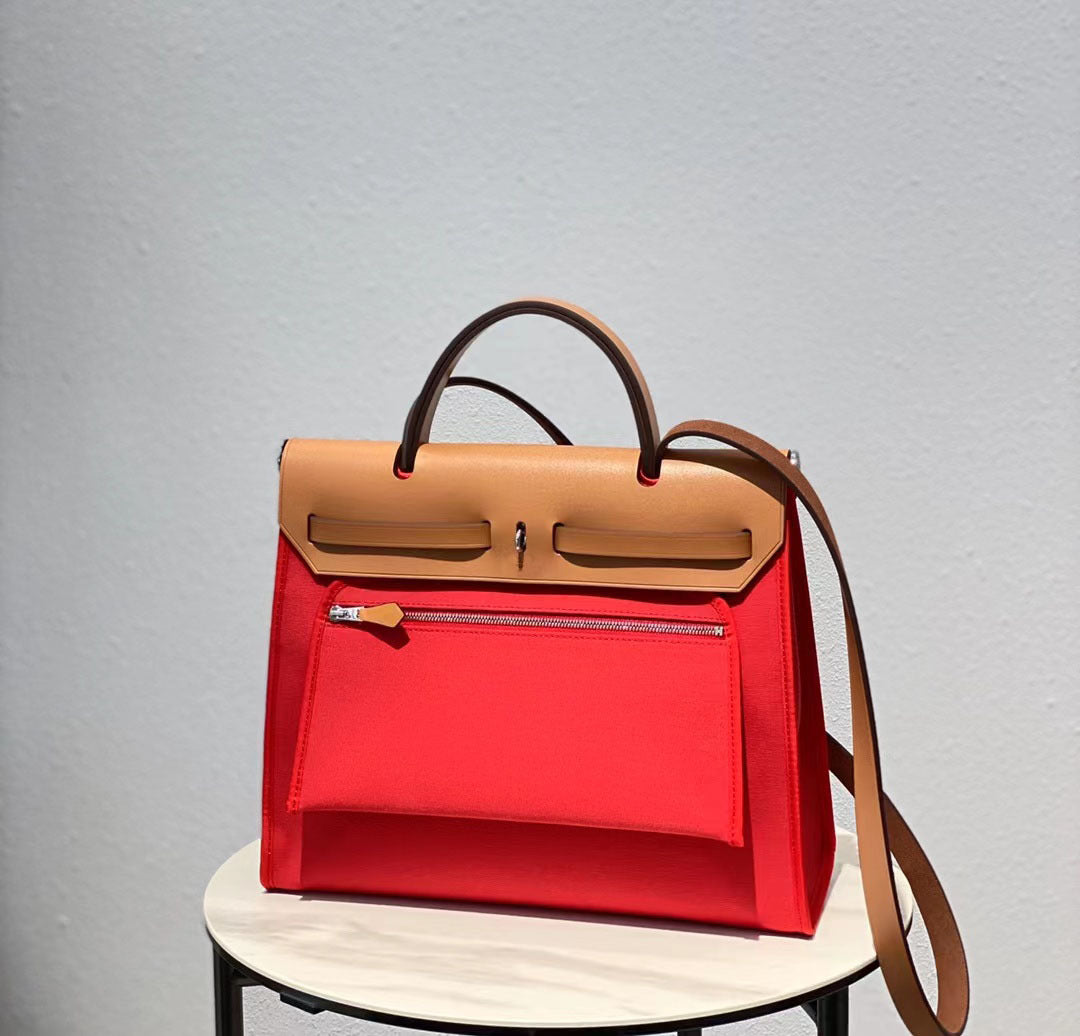 Trendy Head Layer Cowhide Canvas Kelly Shoulder Bags