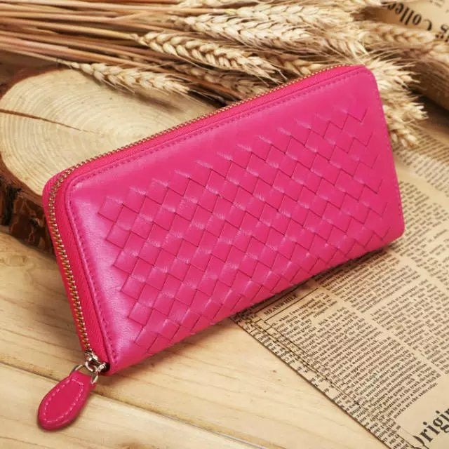 Women's Woven Long Gradient Zipper Genuine Leather Ladies Wallets