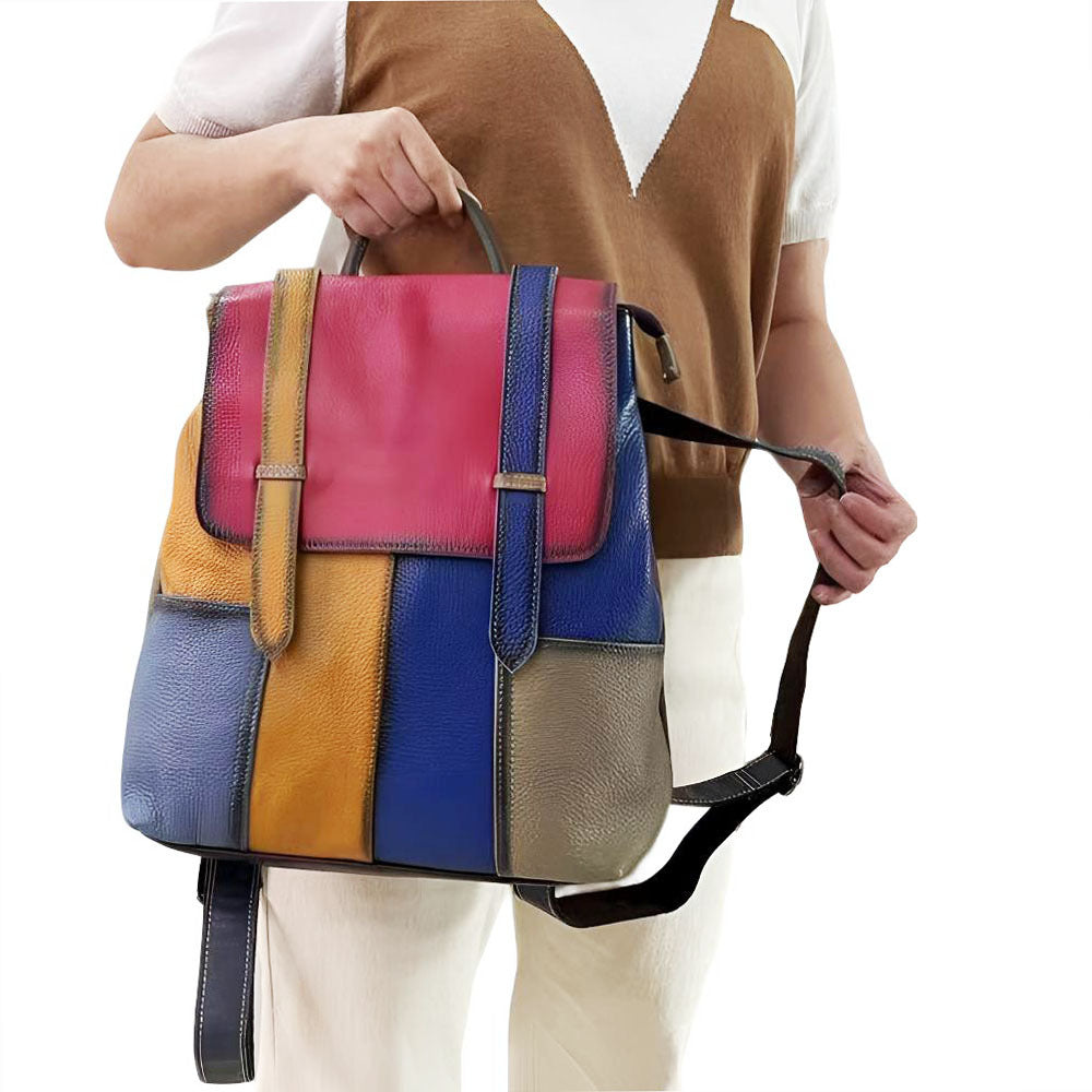 Women's First Layer Cowhide Big Retro Hand-rub Color Backpacks