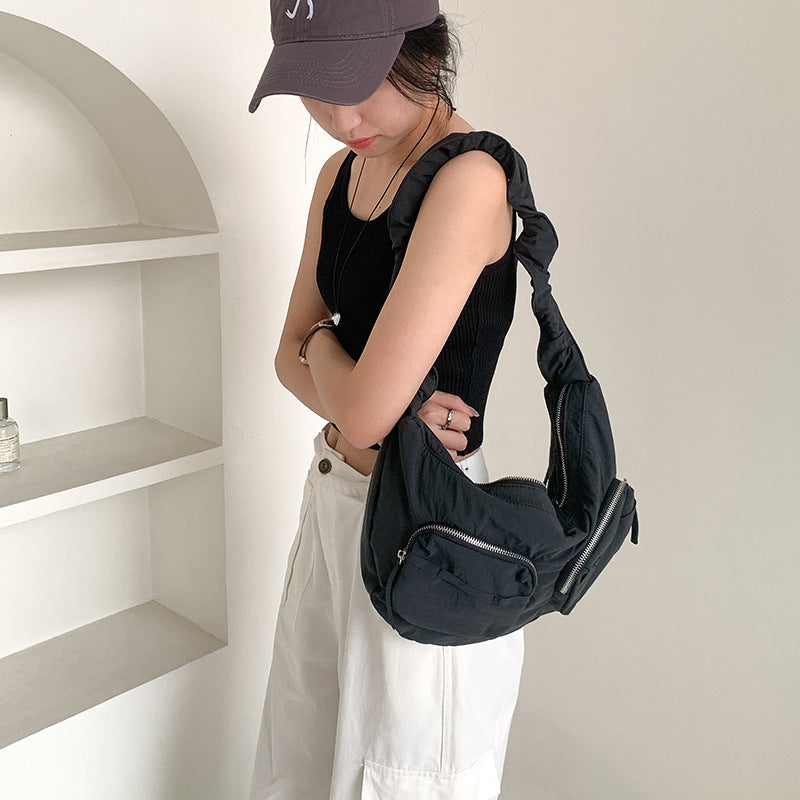 Women's Summer Pleated Nylon Cloth Solid Color Shoulder Bags