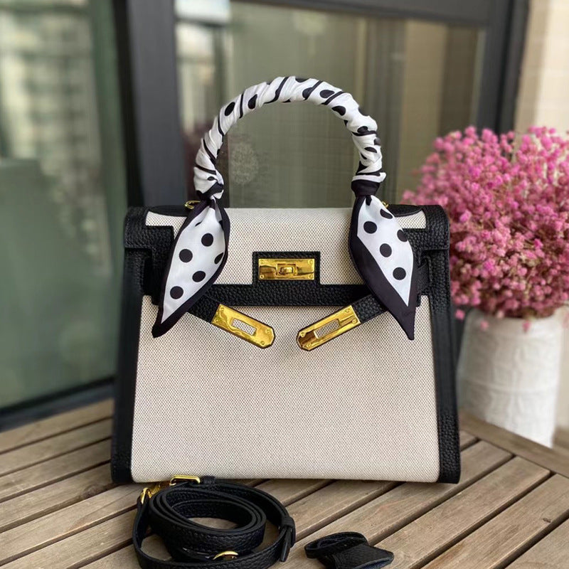 Women's Elegant Canvas With Contrast Color Leather Shoulder Bags