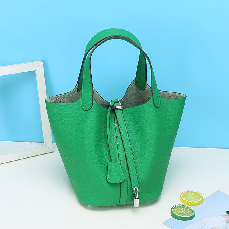 Lychee Pattern Vegetable Basket Genuine Leather Fashion First Layer Handbags