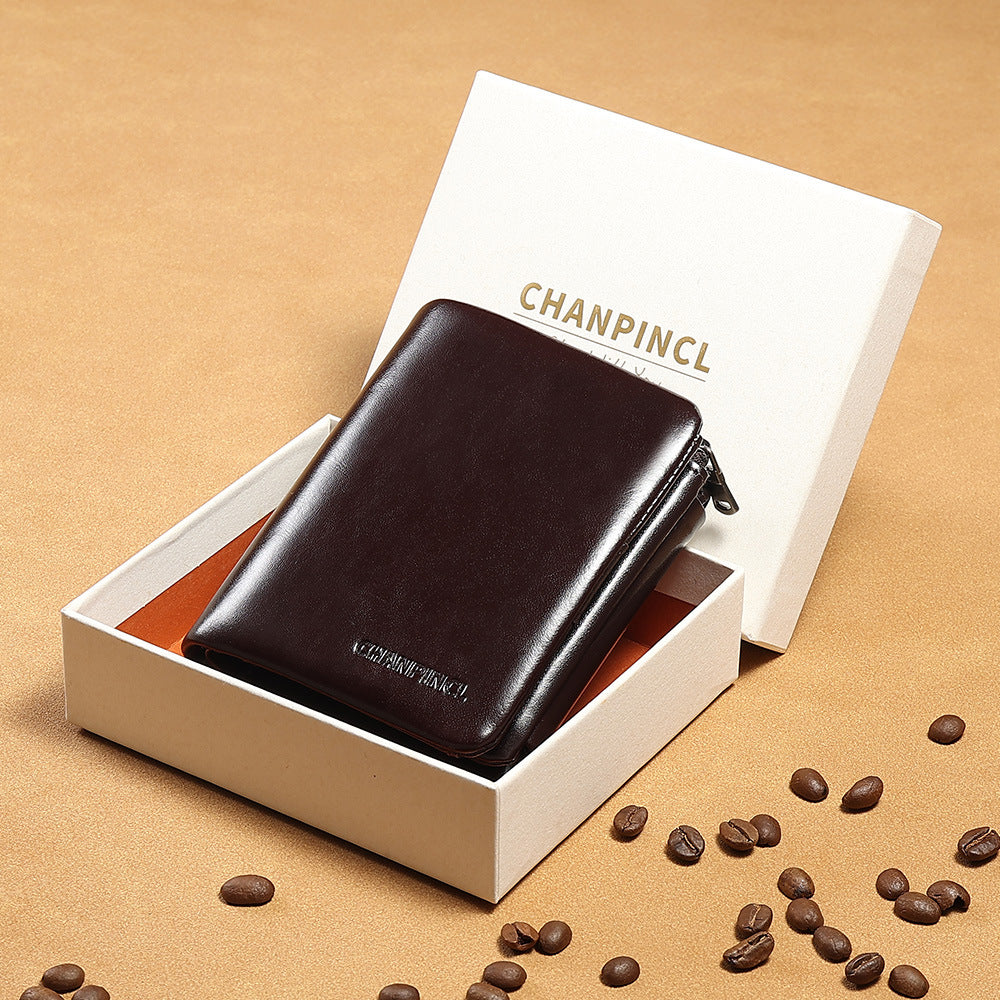 Men's Vertical First Layer Cowhide Zipper Pocket Men's Wallets