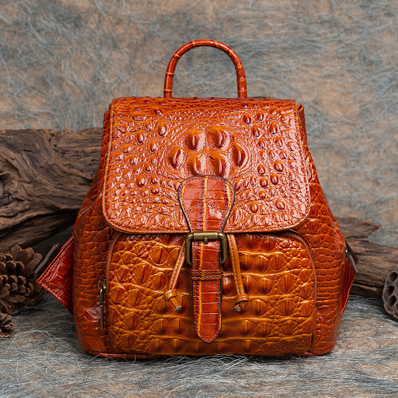 Top Layer Cowhide Crocodile Pattern Chinese Style Retro Backpacks