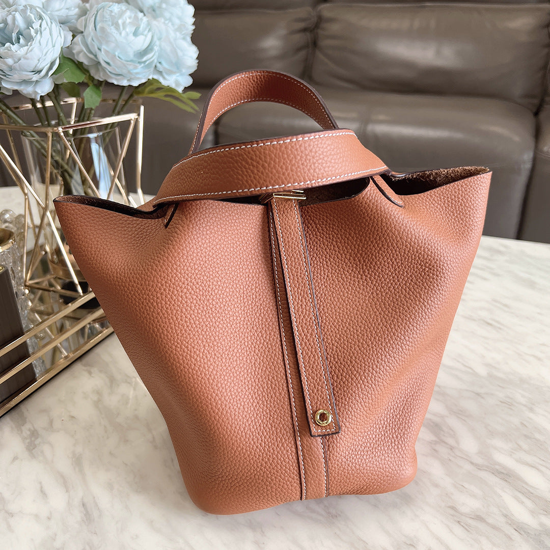 Women's Leather Vegetable Basket Lychee Pattern Cowhide Handbags