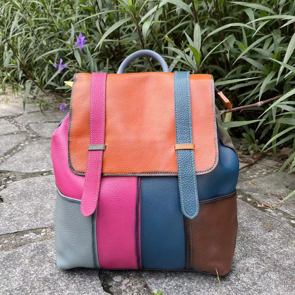 Women's First Layer Cowhide Big Retro Hand-rub Color Backpacks