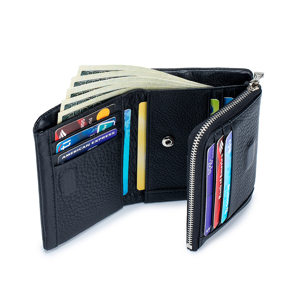 Women's Leather Large Capacity First Layer Cowhide Three-fold Ladies Wallets