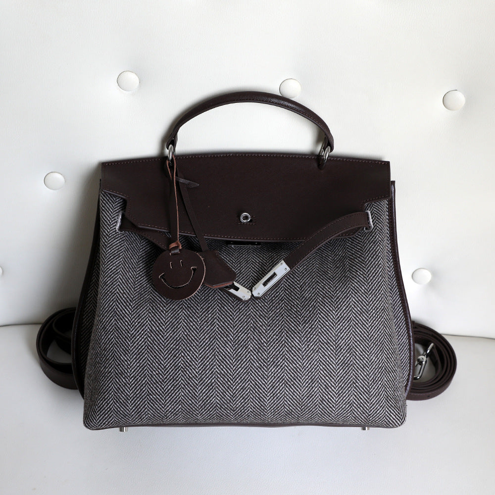 Women's High-grade Vintage Twill Canvas Stitched Cowhide Shoulder Bags