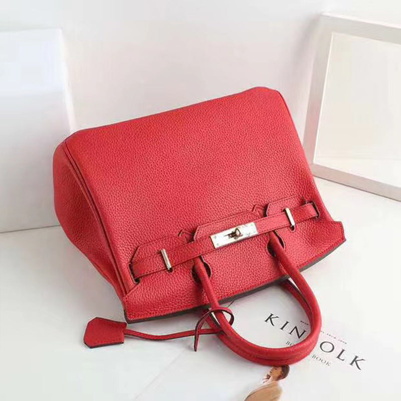 Women's Lychee Pattern Kelly Genuine Leather First Handbags