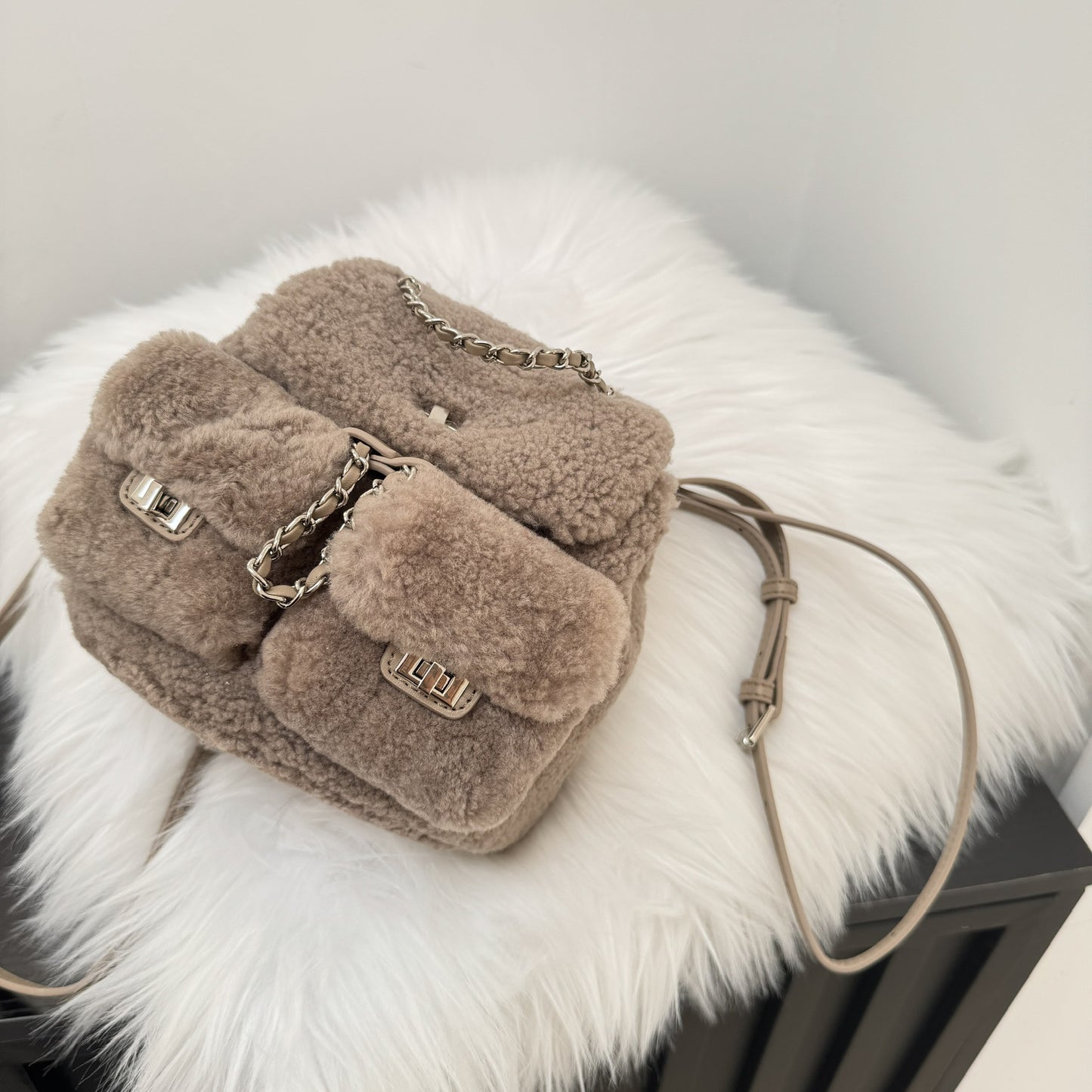 Women's Real Lamb Wool Classic Style Chain Backpacks