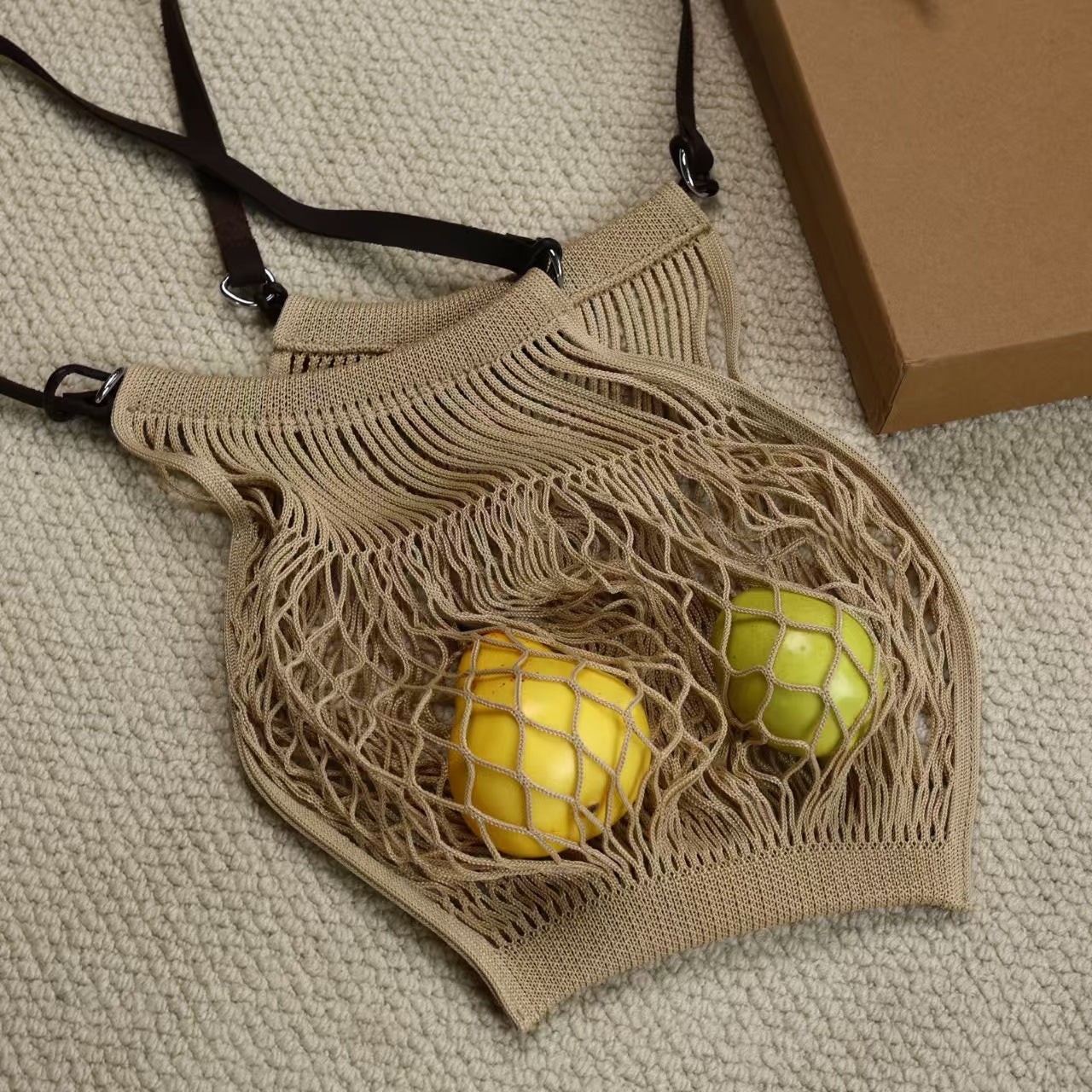 Women's Vegetable Tanned Leather Net Fishnet Woven Shoulder Bags