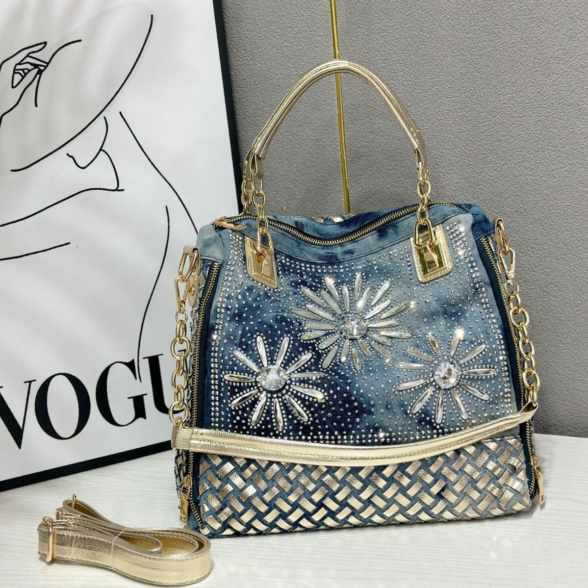 Women's Fashion Rhinestone Diamond Jean Woven Shoulder Bags