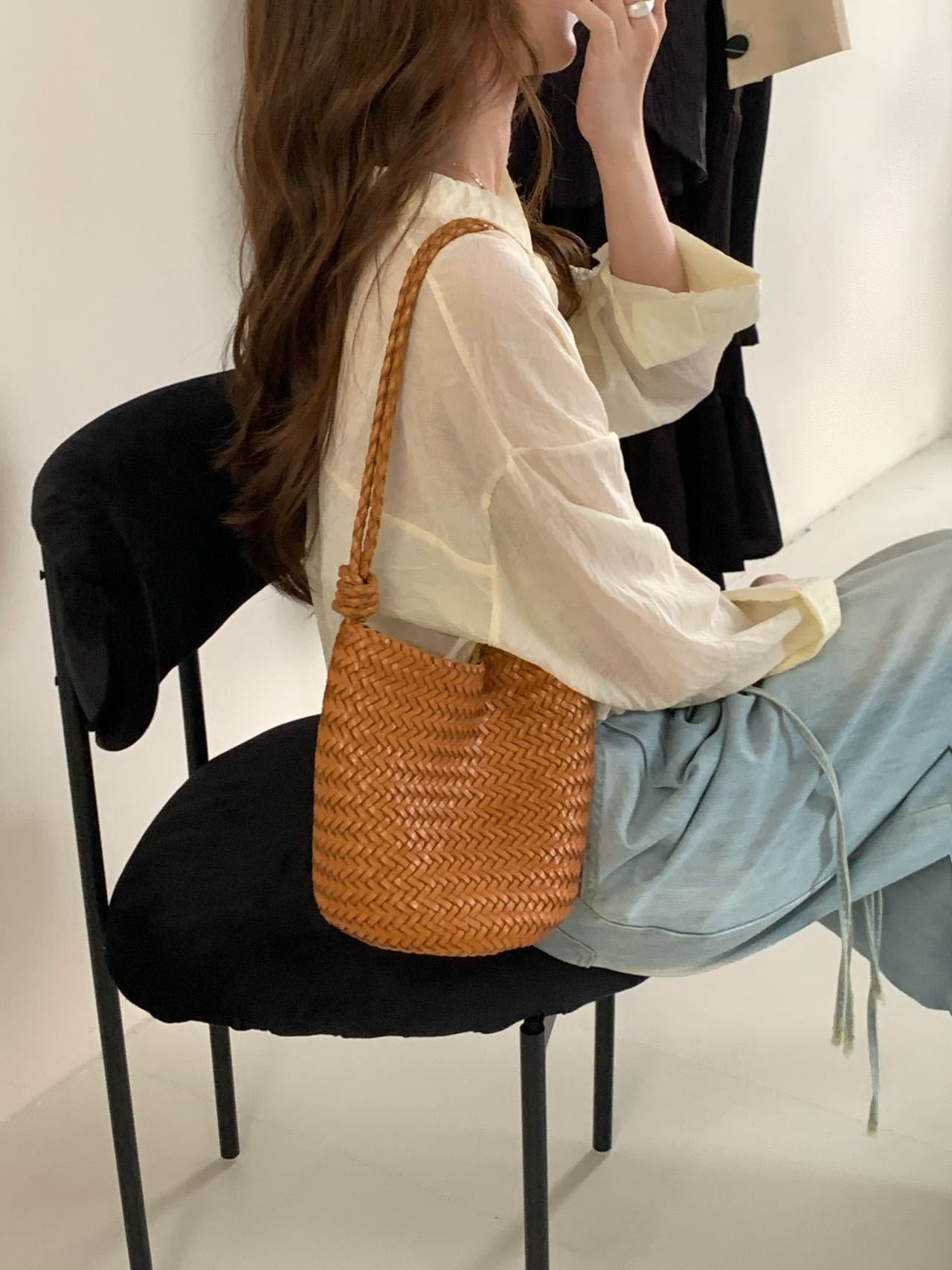Summer Vegetable Tanning Leather Handmade Woven Shoulder Bags