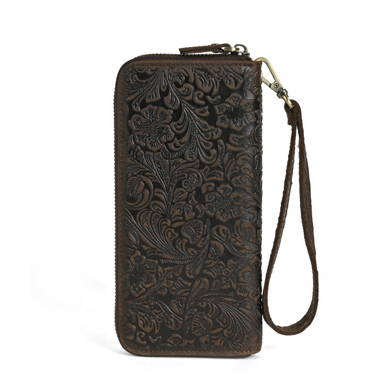 Men's Leather Long Zipper Clutch Retro Embossing Card Holder