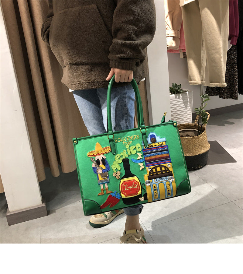 Women's Fashion Embroidered Mexican Theme Large Capacity Shoulder Bags