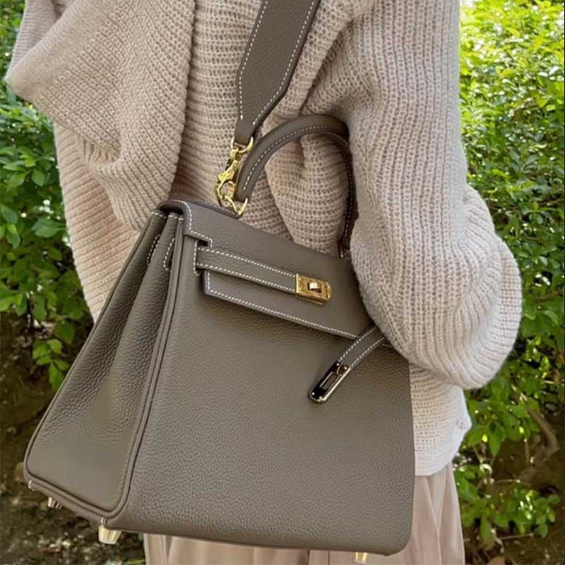 Women's Wide Strap Kelly Calfskin Portable Leather Crossbody Bags
