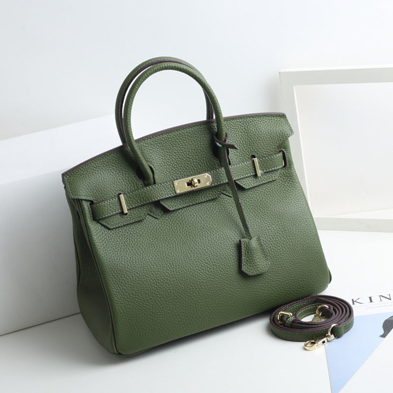 Women's Lychee Pattern Kelly Genuine Leather First Handbags