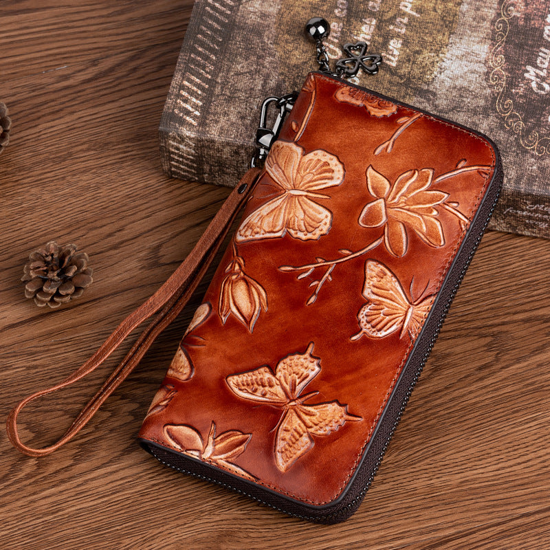 Women's First Layer Cowhide Chinese Style Embossing Ladies Wallets