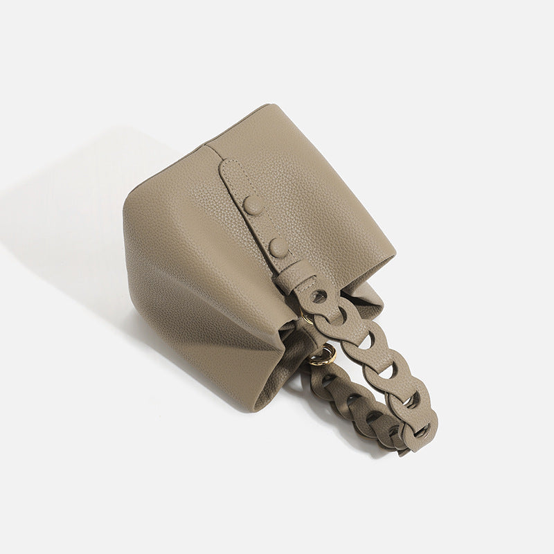 Women's Portable Soft Leather Lychee Pattern Drawstring Handbags