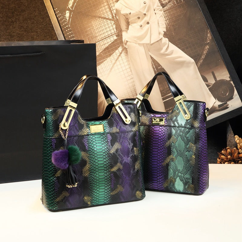 Women's Genuine Leather Snake Pattern Fashion Big Handbags