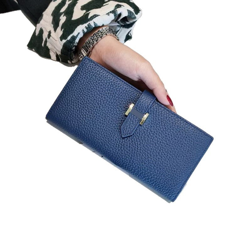 Women's Simple Cowhide Clutch Litchi Pattern Fashion Long Ladies Wallets