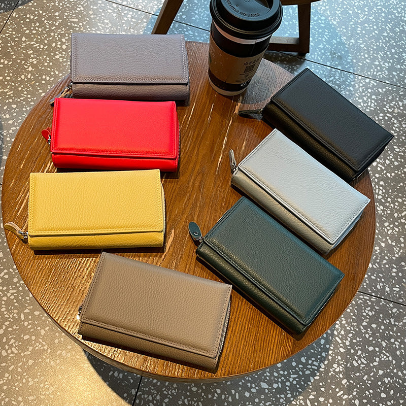 Women's First Layer Cowhide Mid-length Three Folding Design Ladies Wallets